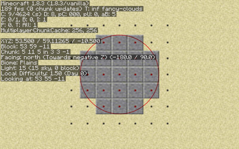 The topdown view of a cylinder region with a highlight showing a radius of 5 blocks.