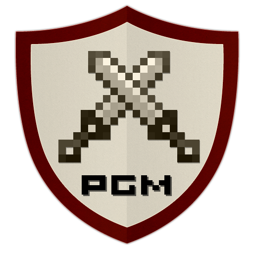 Biege-colored shield with a red outline containing two swords clashing in the middle and a text that reads 'PGM' underneath it.